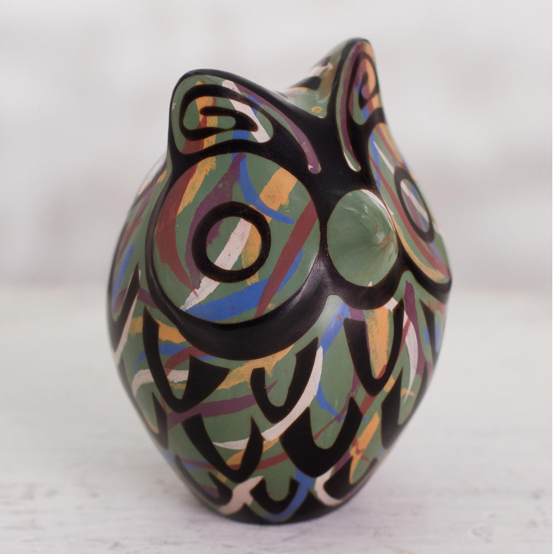 Chulucanas Ceramic Owl Figurine in Green from Peru - Green Chulucanas Sentinel