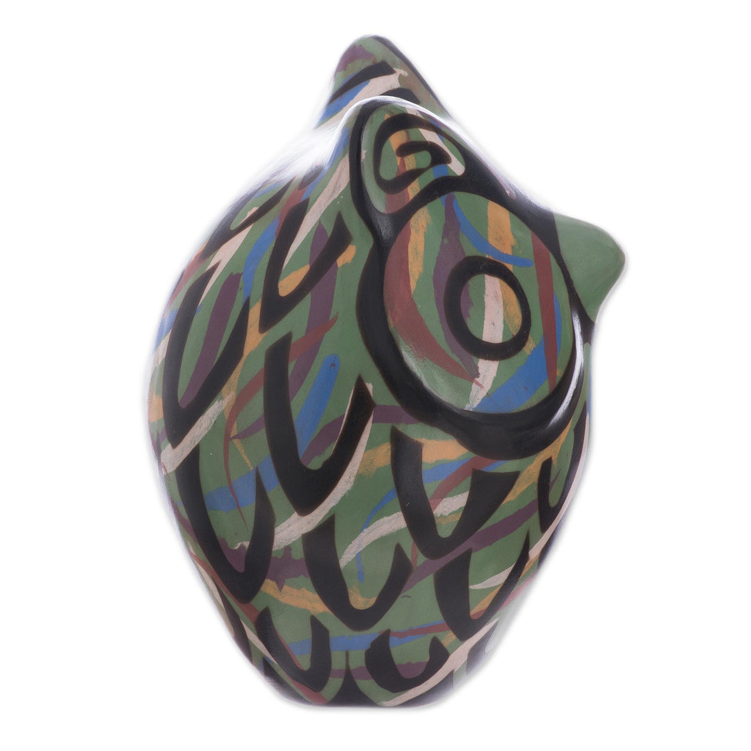 Chulucanas Ceramic Owl Figurine in Green from Peru - Green Chulucanas Sentinel