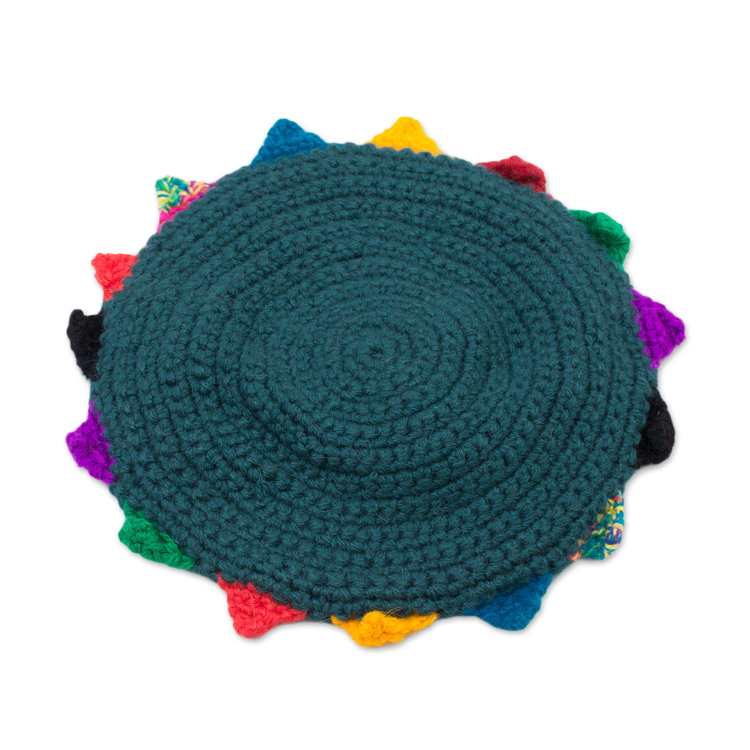 Teal with Colorful Accents Hand Crocheted Cap from Peru - Incan Princess