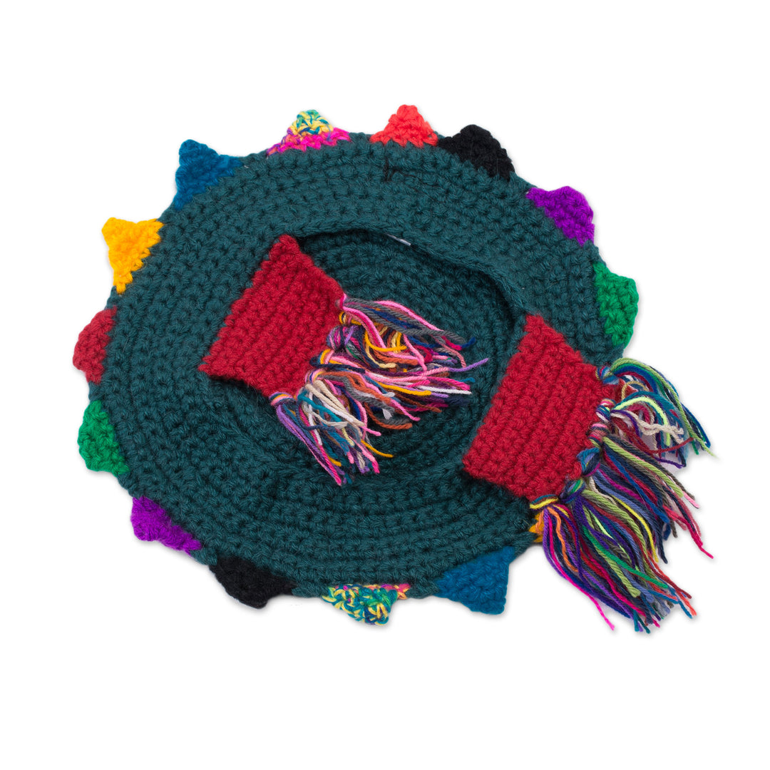 Teal with Colorful Accents Hand Crocheted Cap from Peru - Incan Princess