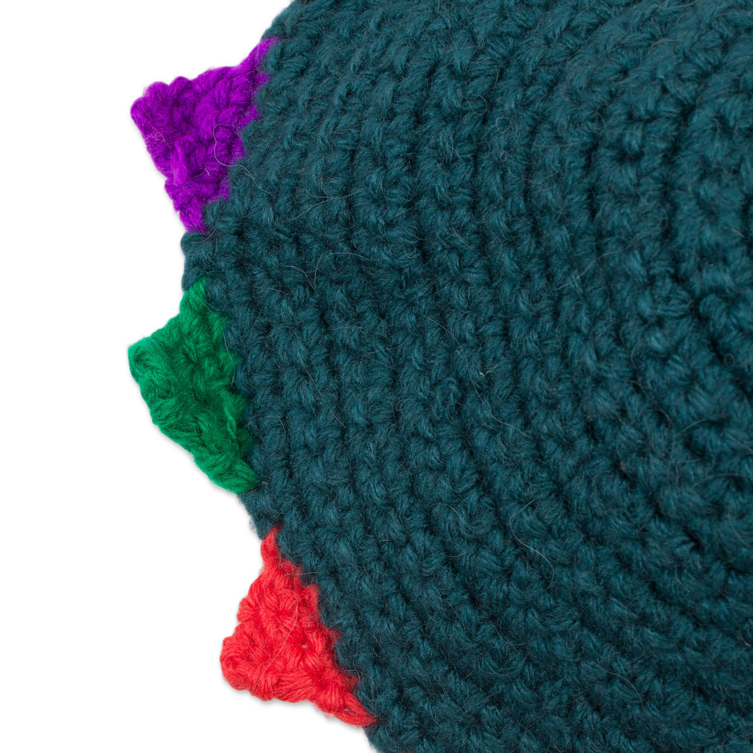 Teal with Colorful Accents Hand Crocheted Cap from Peru - Incan Princess