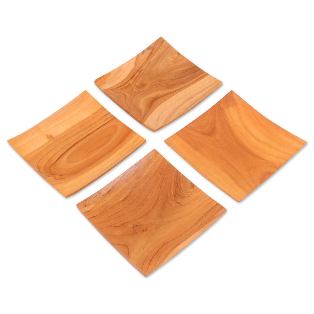 Handmade Square Teak Wood Plates from Bali (Set of 4) - Fine Meal