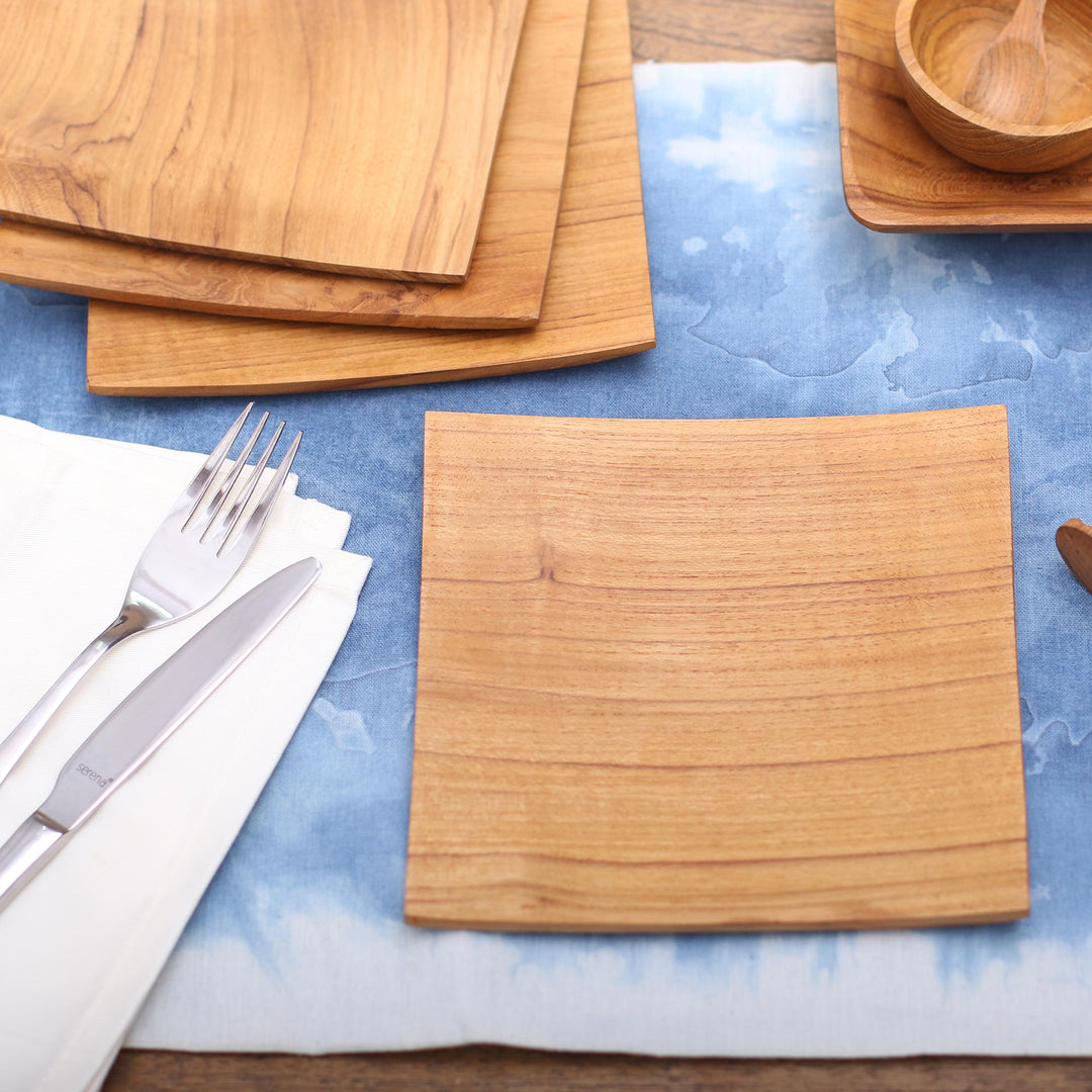 Handmade Square Teak Wood Plates from Bali (Set of 4) - Fine Meal