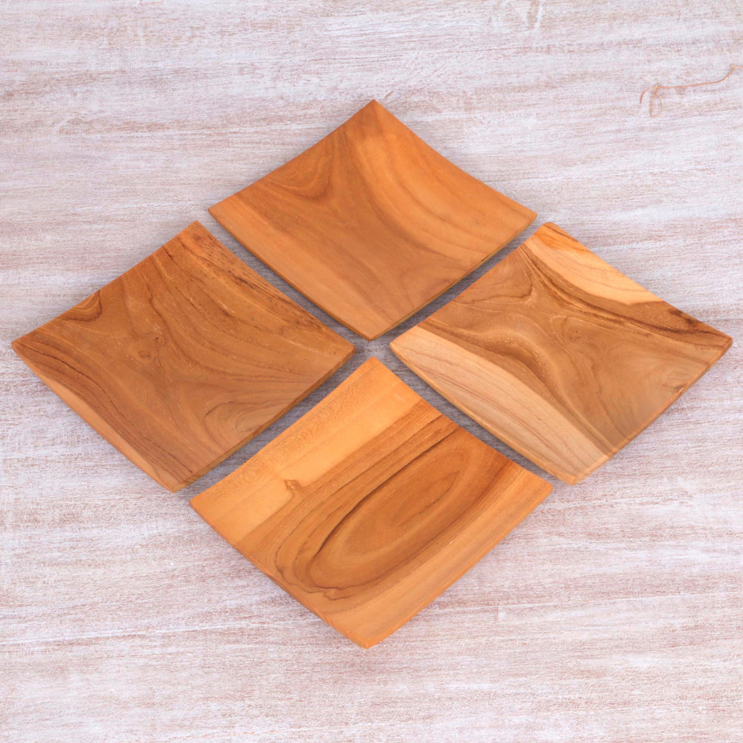 Handmade Square Teak Wood Plates from Bali (Set of 4) - Fine Meal