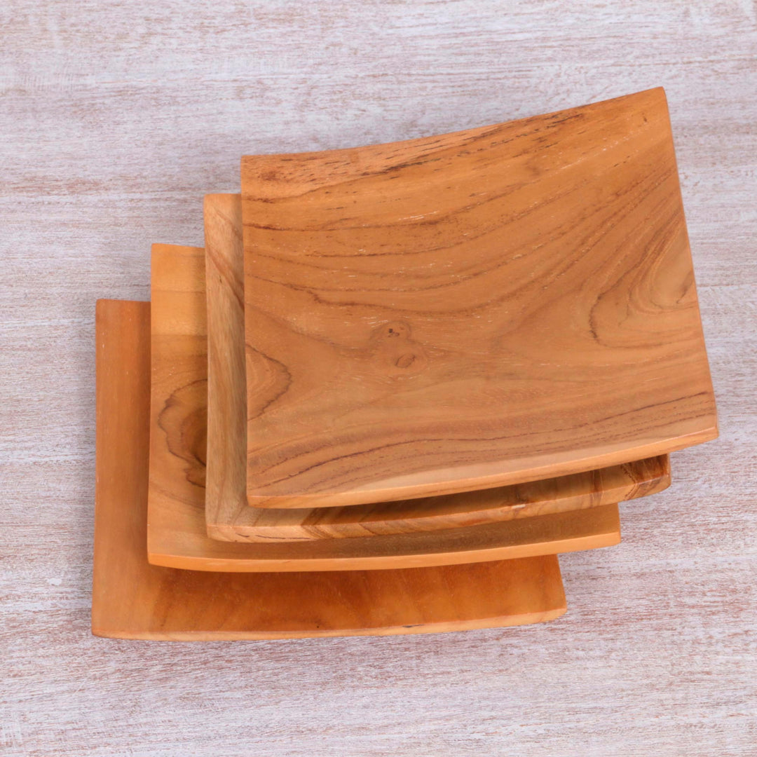 Handmade Square Teak Wood Plates from Bali (Set of 4) - Fine Meal