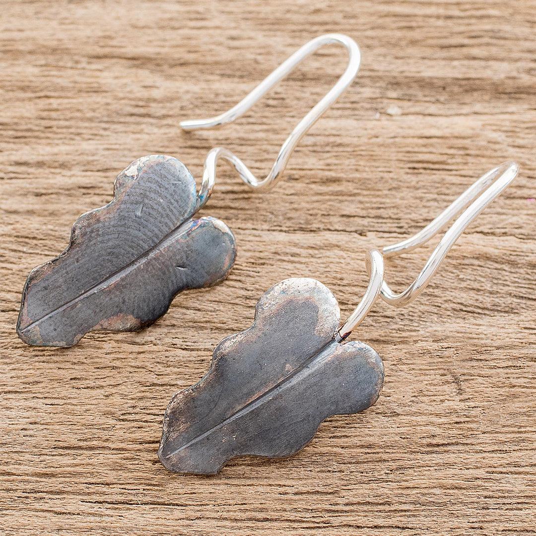 Oxidized Sterling Silver Leaf Earrings from Costa Rica - Dark Twisting Leaves