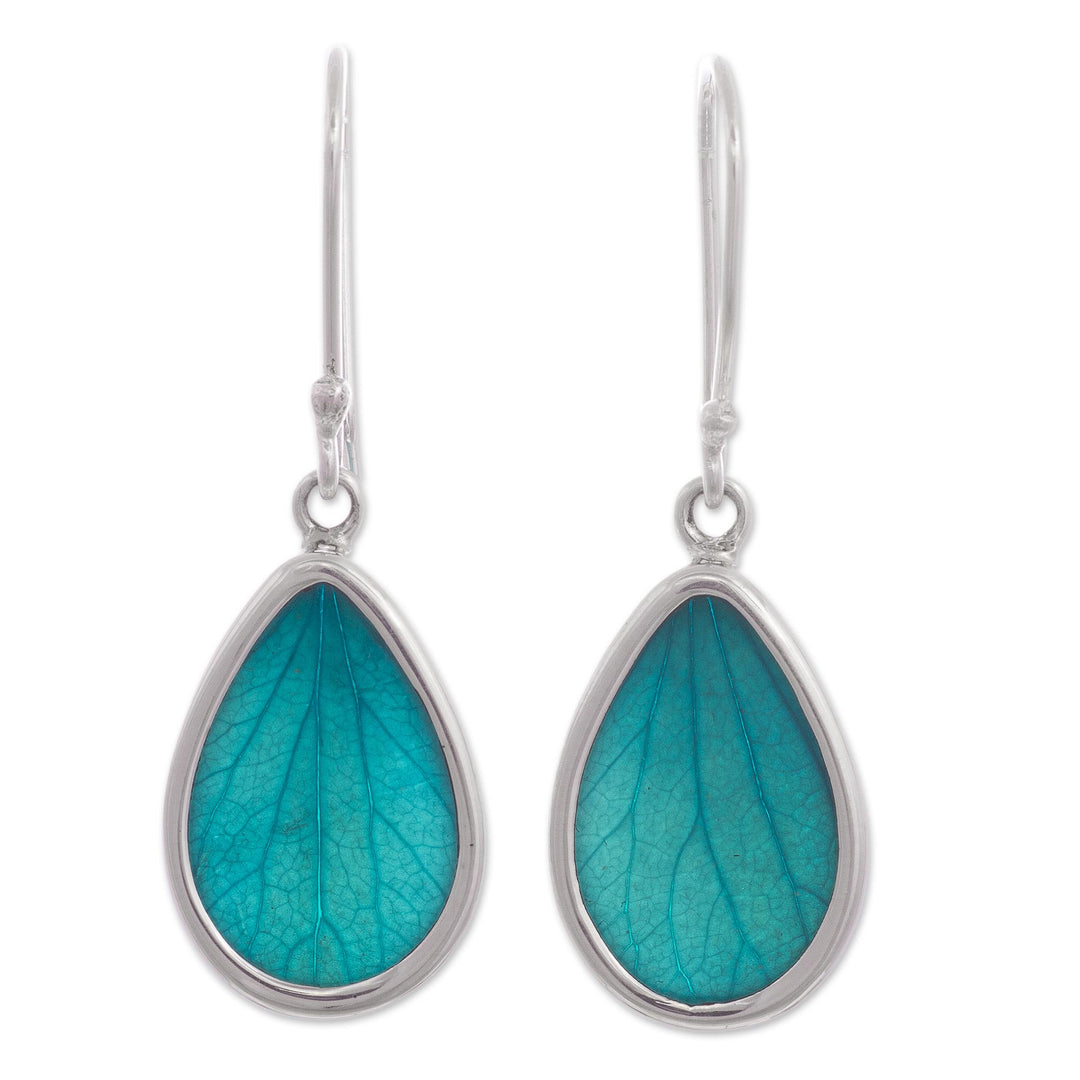 Aqua Hydrangea Leaf Sterling Silver Teardrop Dangle Earrings - Petal Essence in Aqua
