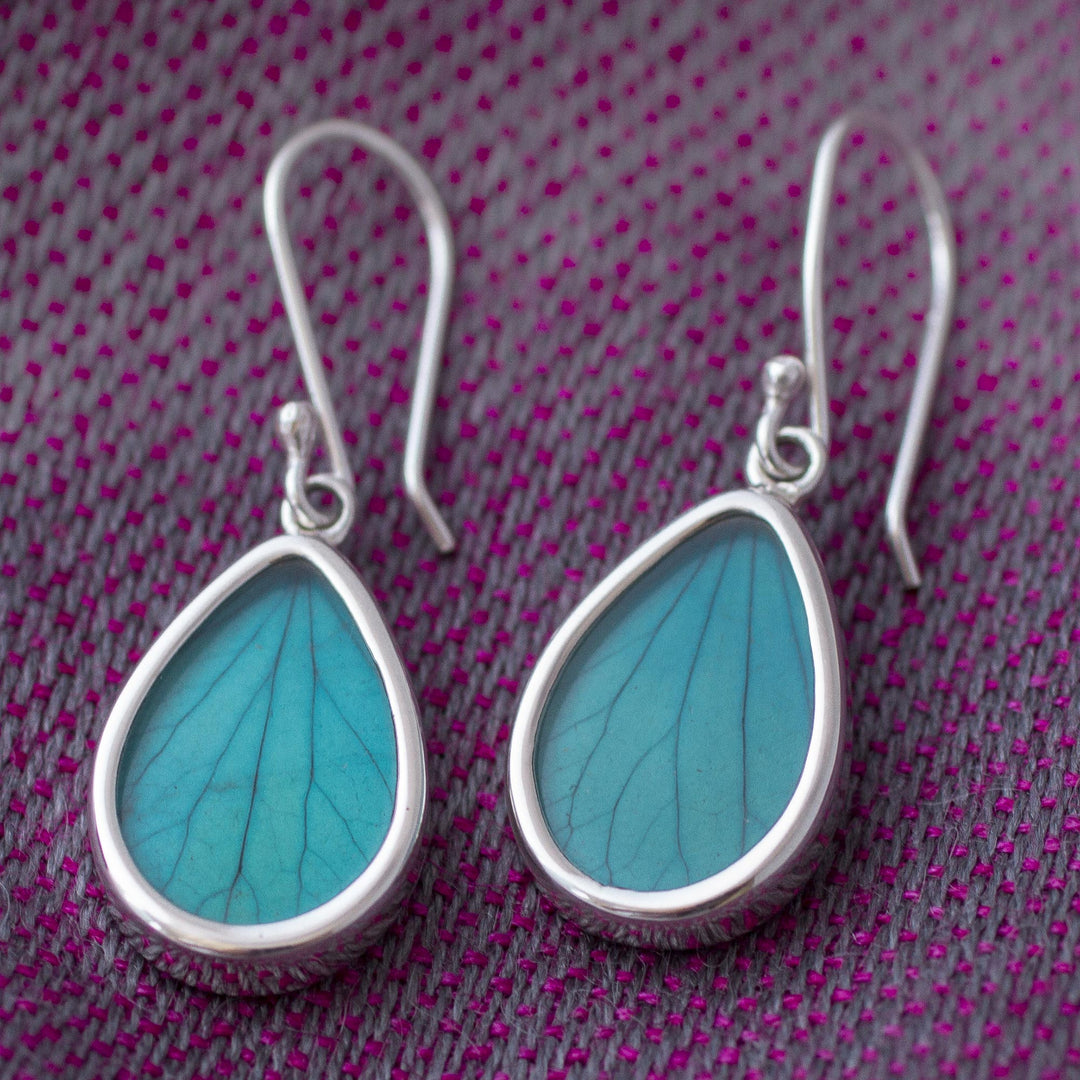 Aqua Hydrangea Leaf Sterling Silver Teardrop Dangle Earrings - Petal Essence in Aqua