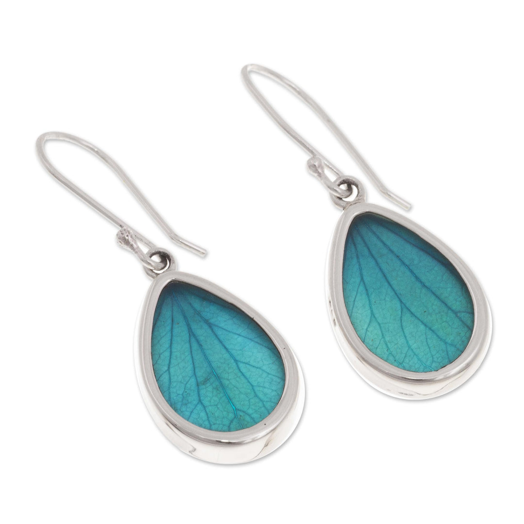 Aqua Hydrangea Leaf Sterling Silver Teardrop Dangle Earrings - Petal Essence in Aqua