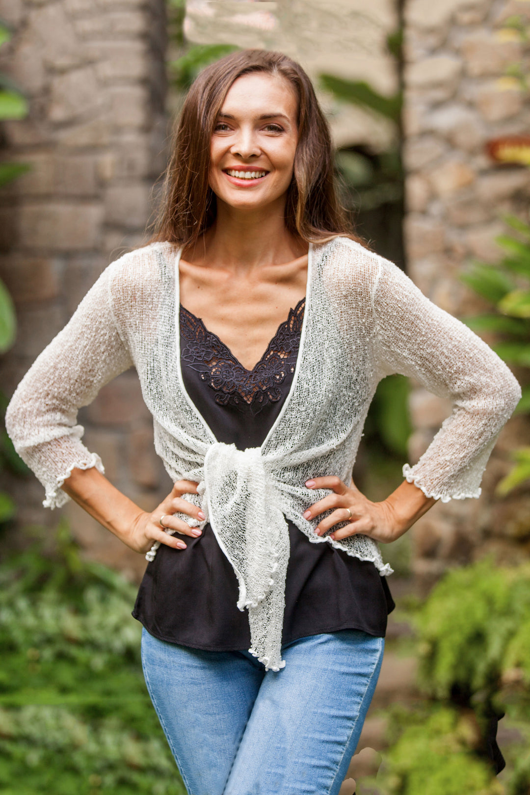 Lightweight Acrylic Blend Jacket Shrug in White from Bali - White Sanur Beach