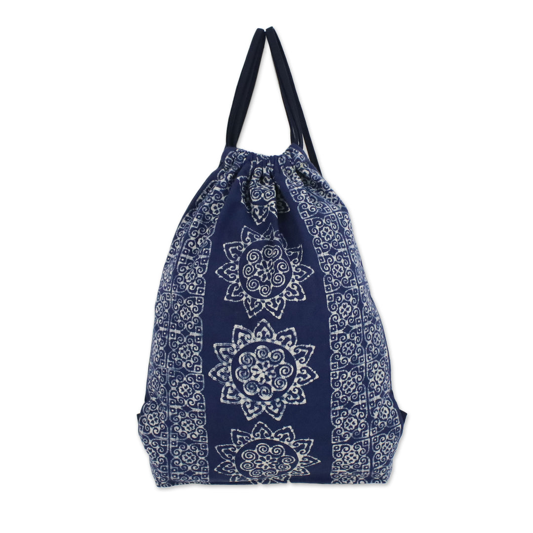 Indigo Blue Batik Cotton Drawstring Backpack from Thailand - Swirling Suns