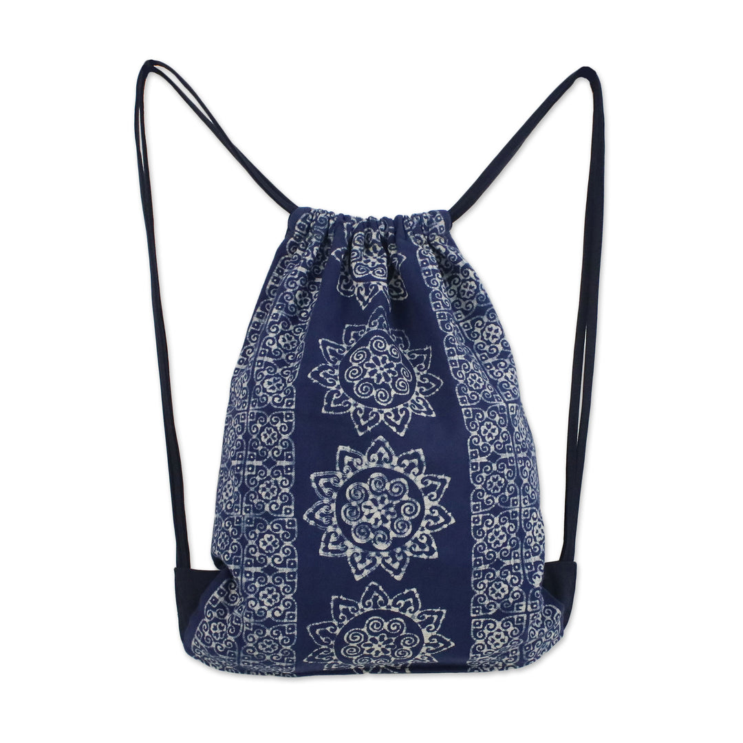 Indigo Blue Batik Cotton Drawstring Backpack from Thailand - Swirling Suns