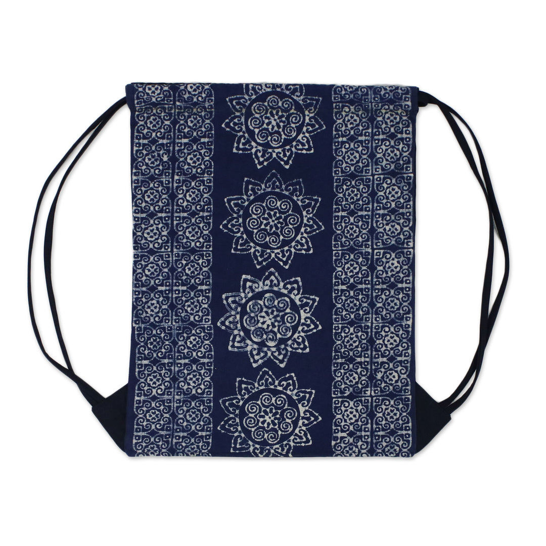 Indigo Blue Batik Cotton Drawstring Backpack from Thailand - Swirling Suns