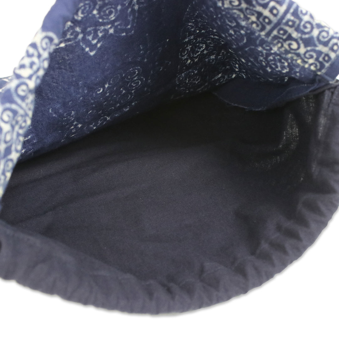 Indigo Blue Batik Cotton Drawstring Backpack from Thailand - Swirling Suns