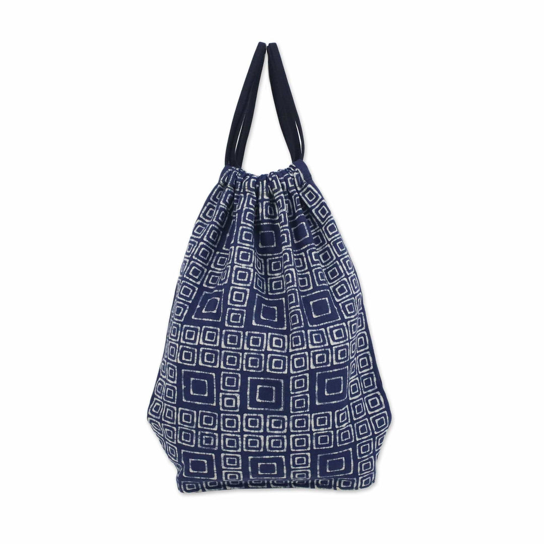 Indigo Blue Batik Cotton Square Motif Drawstring Backpack - Indigo Maze