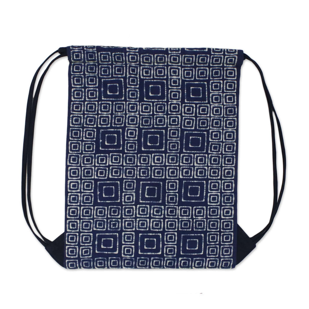 Indigo Blue Batik Cotton Square Motif Drawstring Backpack - Indigo Maze