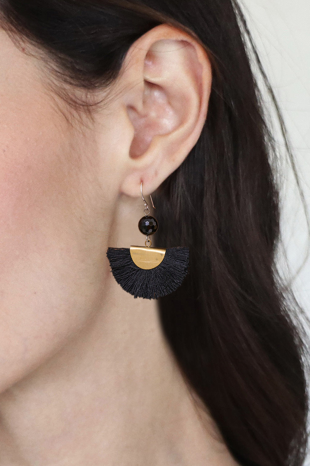 Quartz and Brass Bead Dangle Earrings with Cotton Fringe - Festival in Black