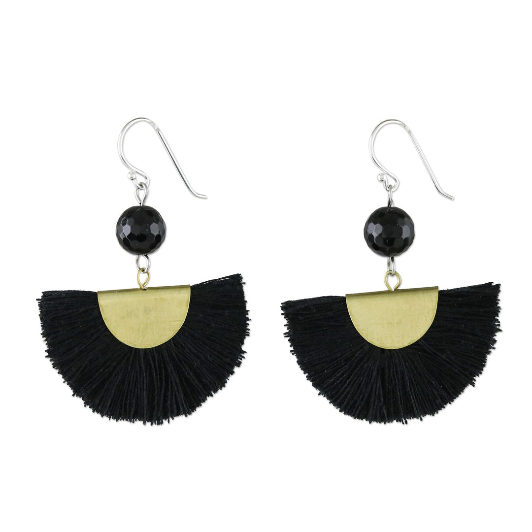 Quartz and Brass Bead Dangle Earrings with Cotton Fringe - Festival in Black