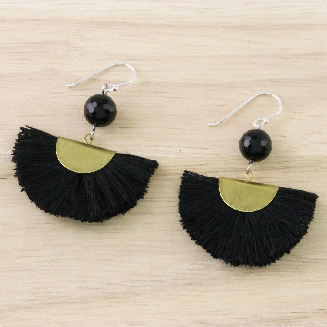 Quartz and Brass Bead Dangle Earrings with Cotton Fringe - Festival in Black