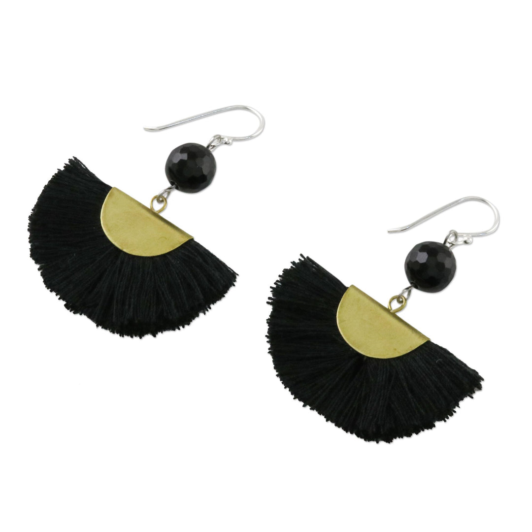 Quartz and Brass Bead Dangle Earrings with Cotton Fringe - Festival in Black
