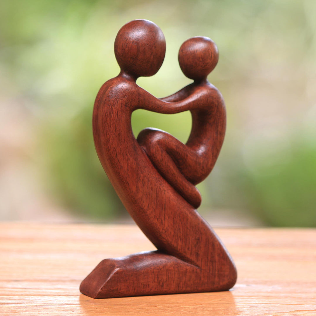 Suar Wood Father and Child Sculpture from Bali - Playful Father