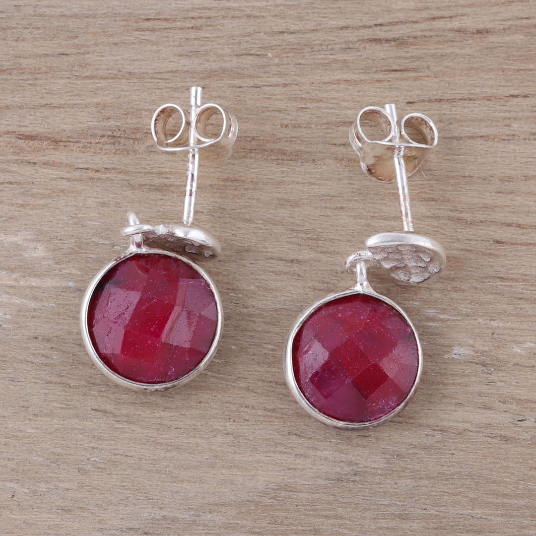 Faceted Ruby and Sterling Silver Dangle Earrings from India - Sparkle and Fire