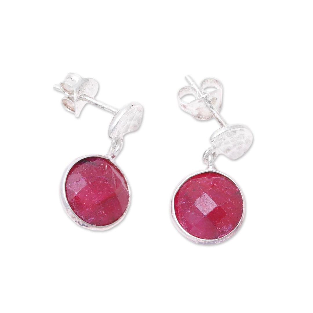 Faceted Ruby and Sterling Silver Dangle Earrings from India - Sparkle and Fire
