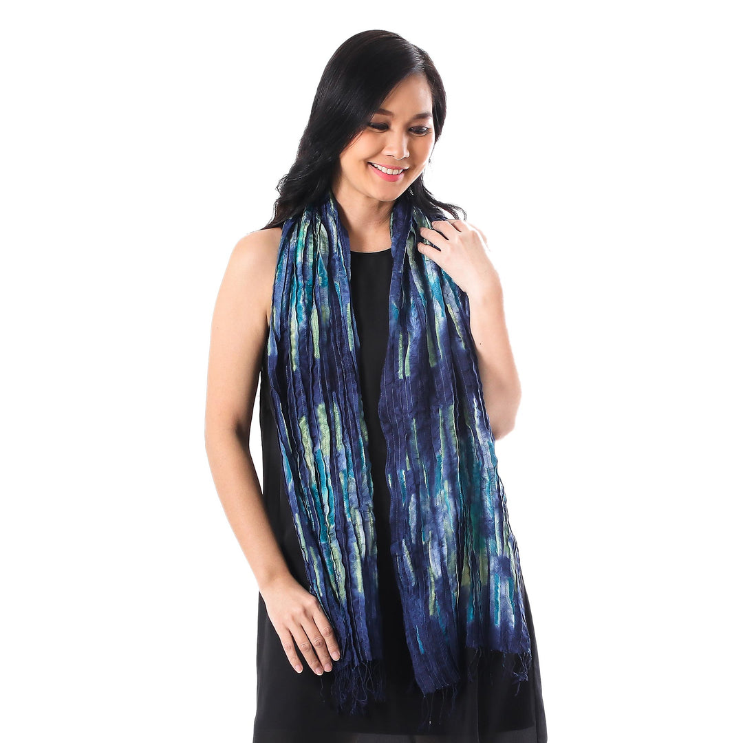 Blue and Green Tie-Dyed Silk Fringed Scarf from Thailand - Impressionist Sea