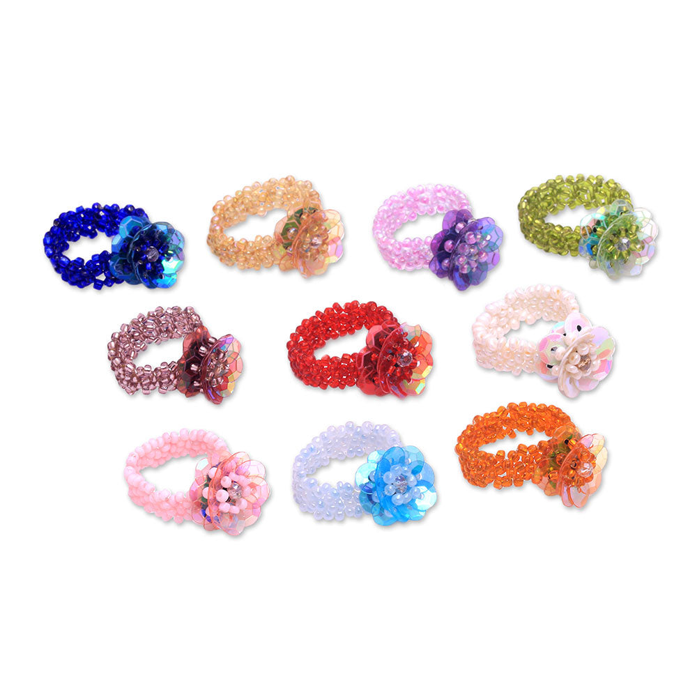 Floral Glass Beaded Stretch Cocktail Rings (Set of 10) - Javanese Flora