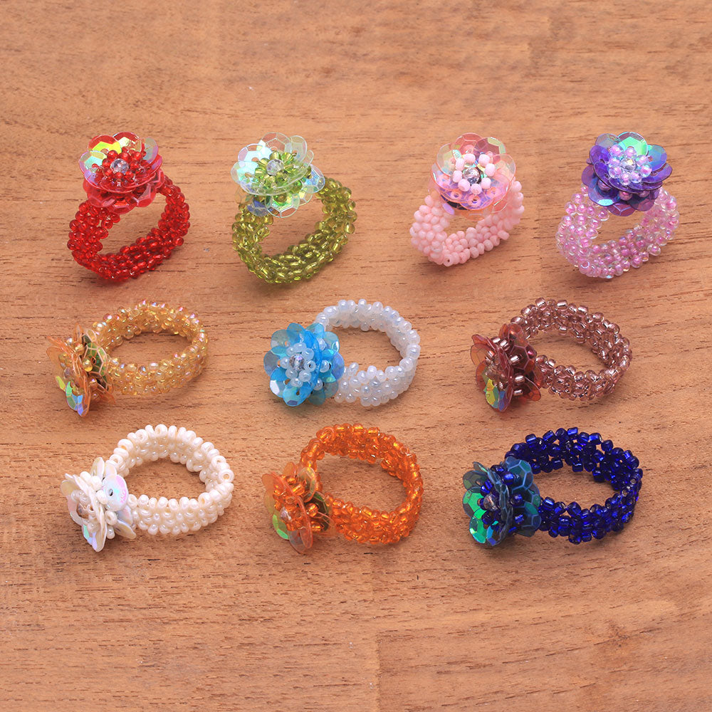 Floral Glass Beaded Stretch Cocktail Rings (Set of 10) - Javanese Flora