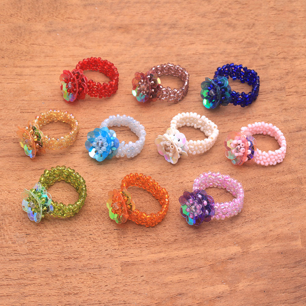 Floral Glass Beaded Stretch Cocktail Rings (Set of 10) - Javanese Flora