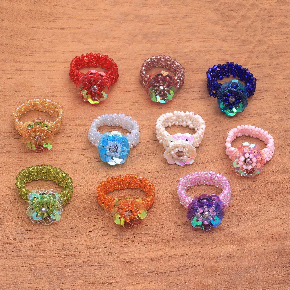 Floral Glass Beaded Stretch Cocktail Rings (Set of 10) - Javanese Flora