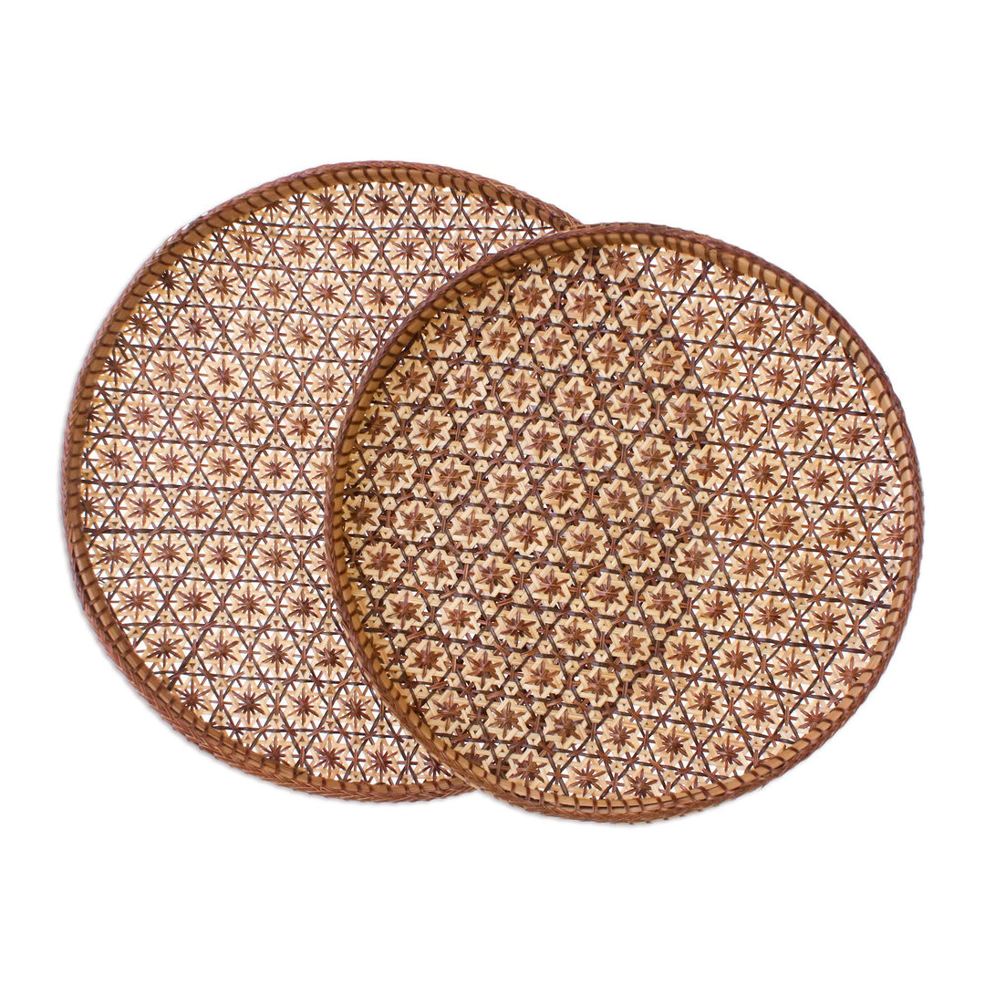 Handcrafted Woven Flower Motif Rattan Trays (Pair) - Presenting Pikul