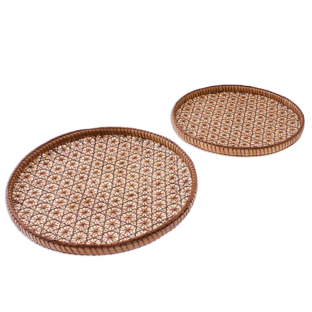 Handcrafted Woven Flower Motif Rattan Trays (Pair) - Presenting Pikul