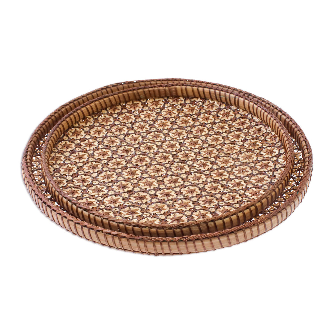 Handcrafted Woven Flower Motif Rattan Trays (Pair) - Presenting Pikul