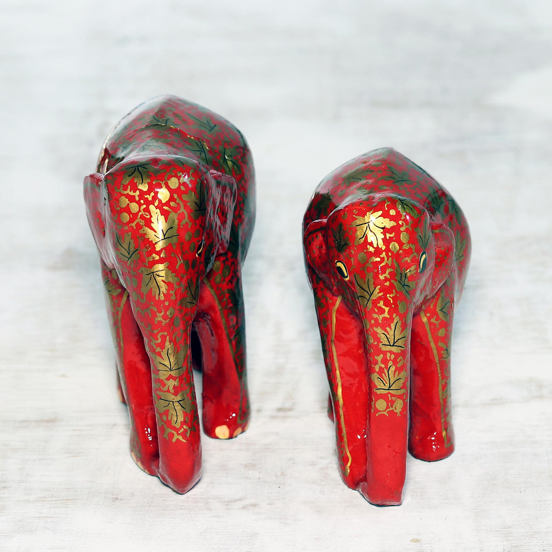 Leaf Motif Papier Mache Elephant Sculptures (Pair) - Chinar Bond