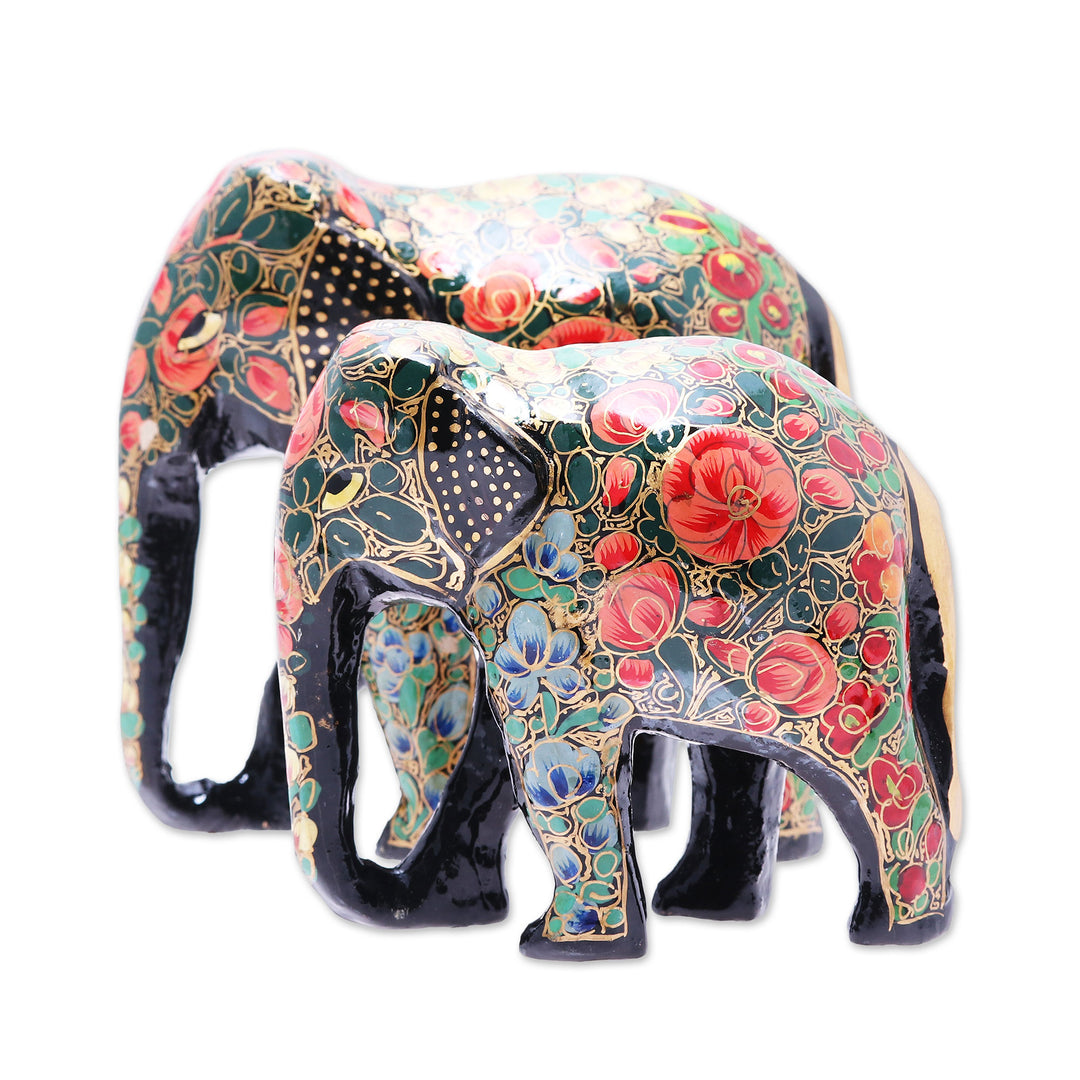 Floral Papier Mache Elephant Sculptures (Pair) from India - Maternal Connection