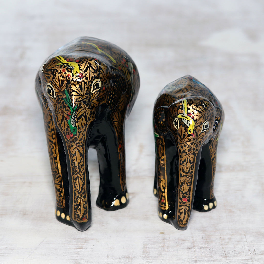 Painted Leaf Motif Papier Mache Elephant Sculptures (Pair) - Song of the Valley