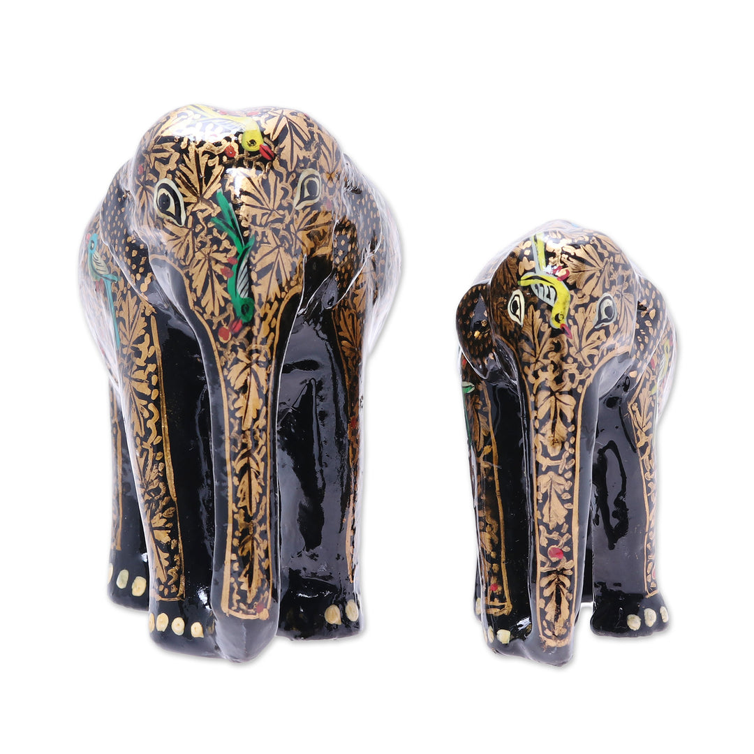 Painted Leaf Motif Papier Mache Elephant Sculptures (Pair) - Song of the Valley