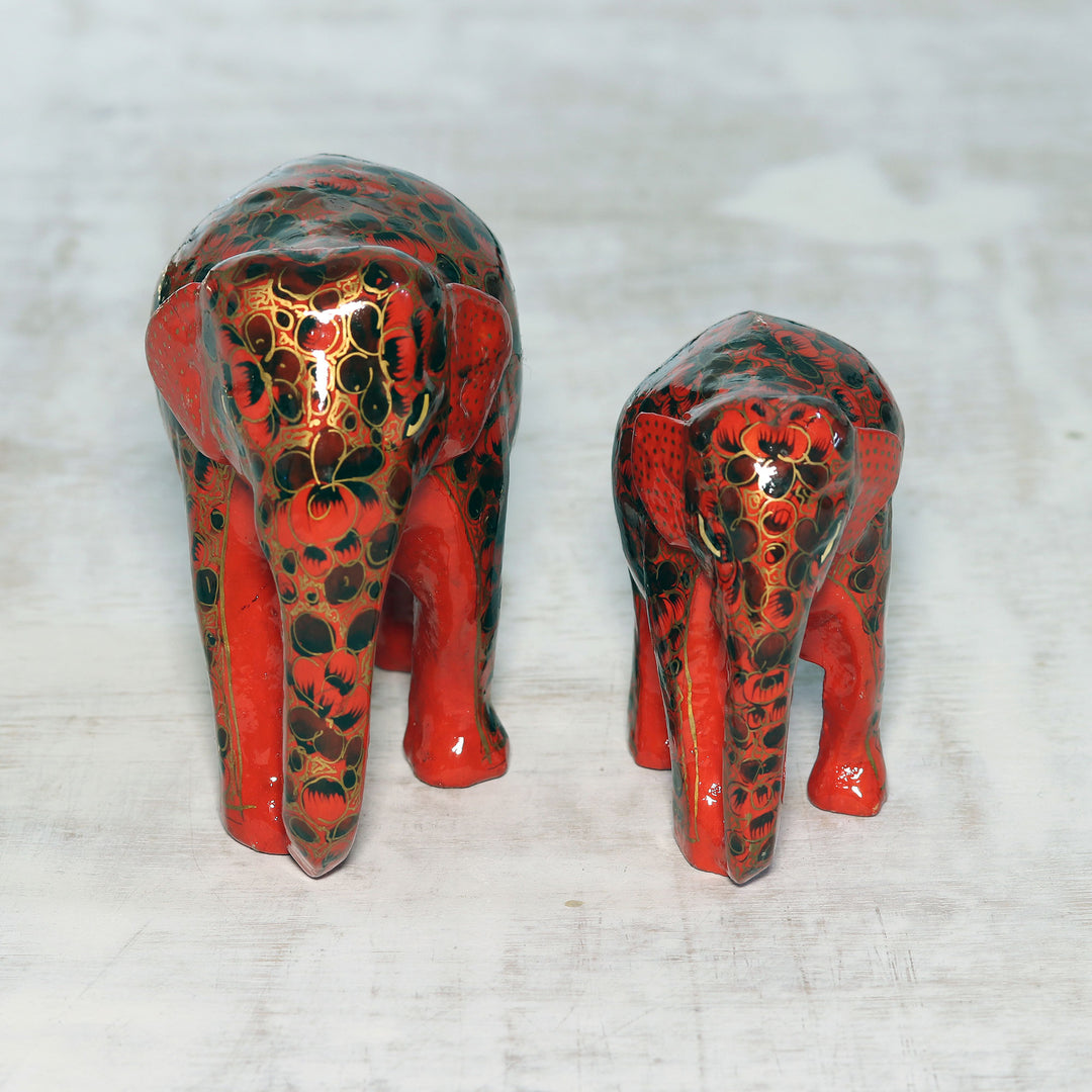 Floral Papier Mache Elephant Sculptures in Red (Pair) - Red Connection