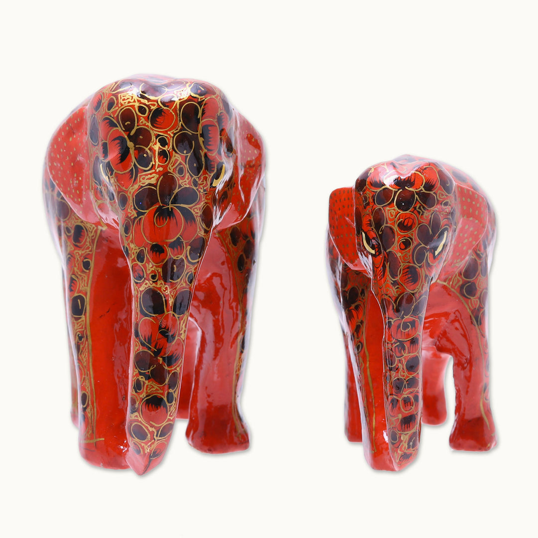 Floral Papier Mache Elephant Sculptures in Red (Pair) - Red Connection