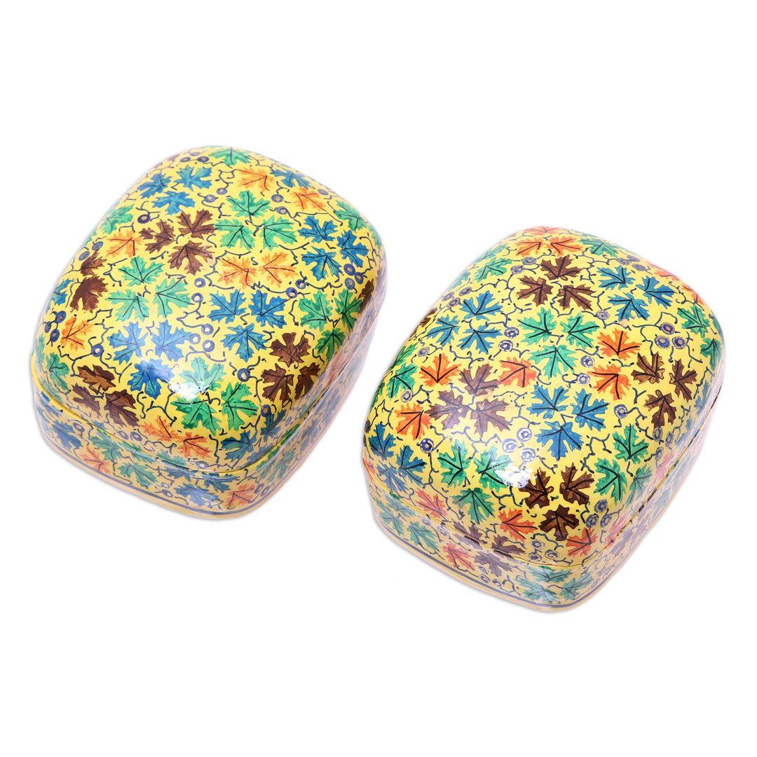 Leaf Motif Papier Mache and Wood Decorative Boxes (Pair) - Lovely Chinar