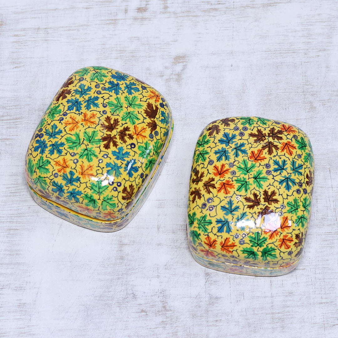 Leaf Motif Papier Mache and Wood Decorative Boxes (Pair) - Lovely Chinar