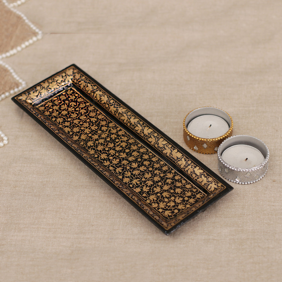 Leaf Motif Papier Mache and Wood Decorative Tray from India - Leaves of the Valley
