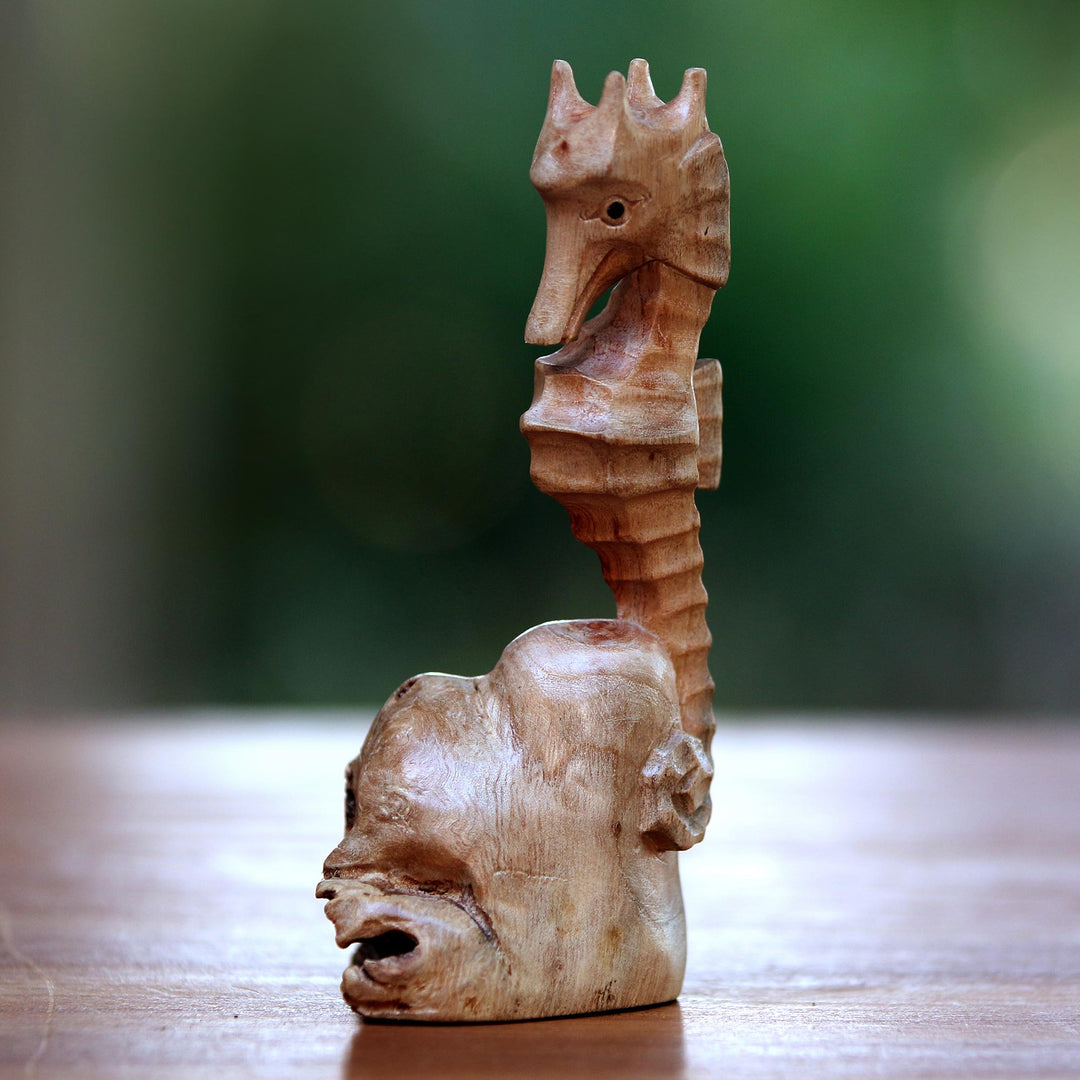 Hand-Carved Wood Seahorse Figurine from Bali - Seahorse