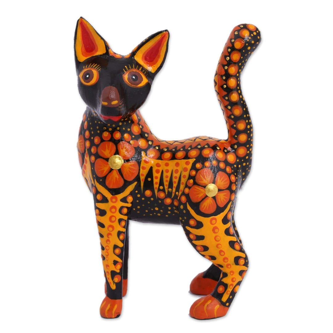 Wood Alebrije Cat Figurine in Orange from Mexico - Fiery Cat