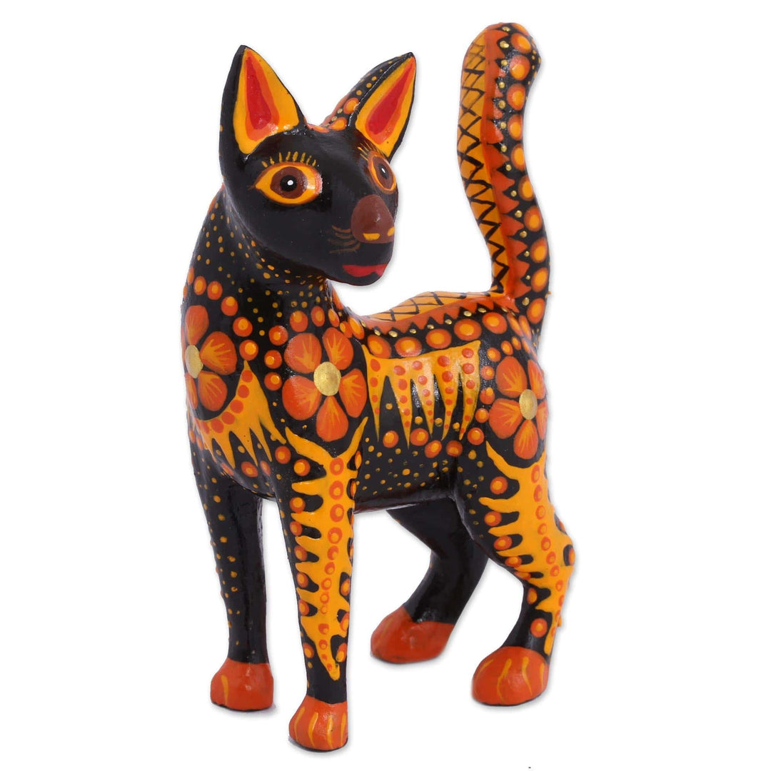 Wood Alebrije Cat Figurine in Orange from Mexico - Fiery Cat