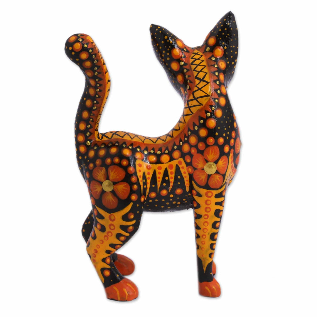 Wood Alebrije Cat Figurine in Orange from Mexico - Fiery Cat