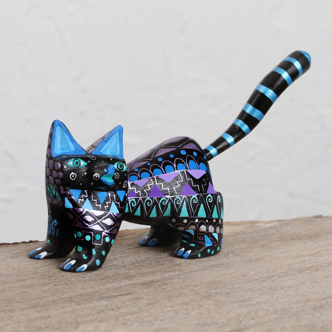 Hand-Painted Wood Alebrije Cat Figurine from Mexico - Nocturnal Cat