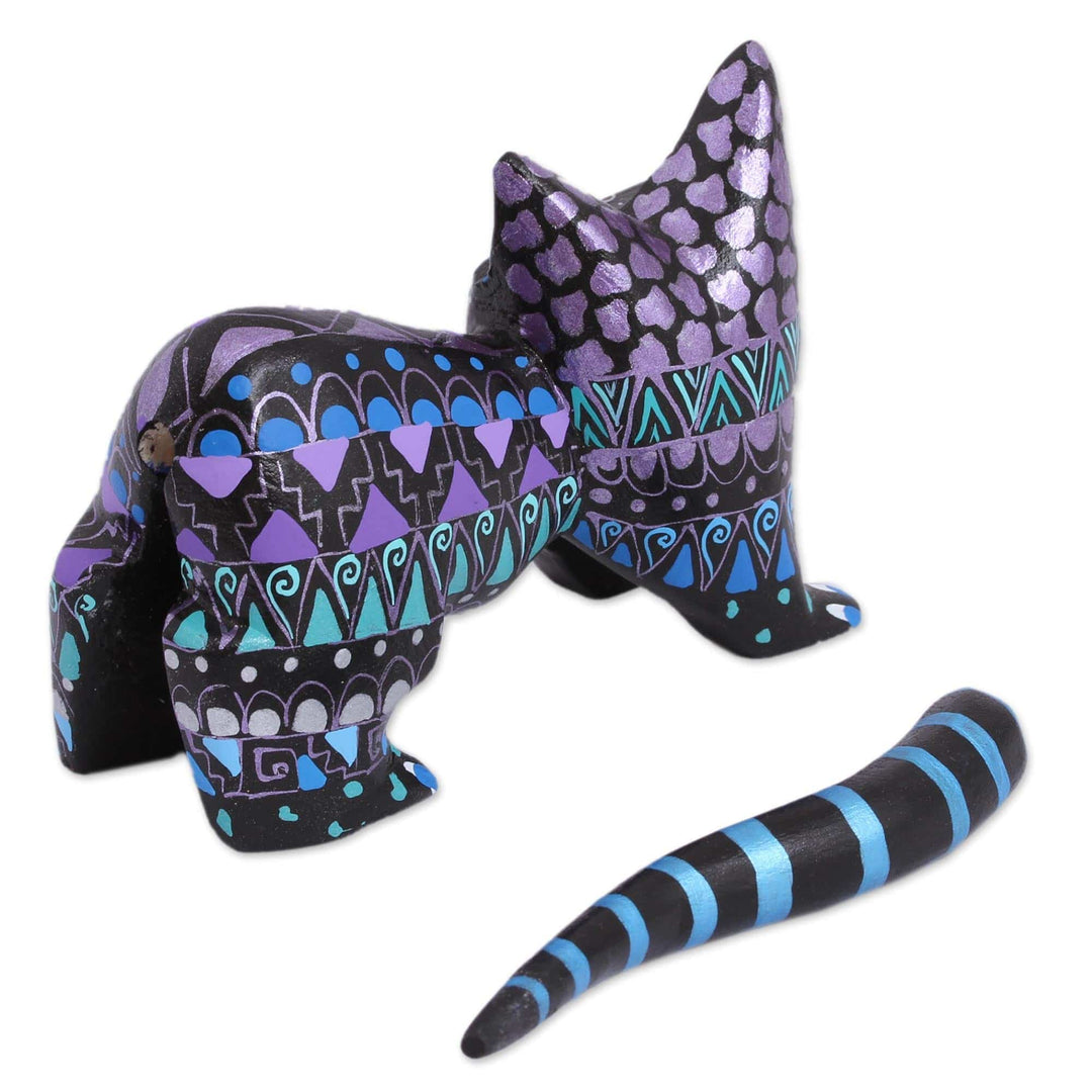 Hand-Painted Wood Alebrije Cat Figurine from Mexico - Nocturnal Cat